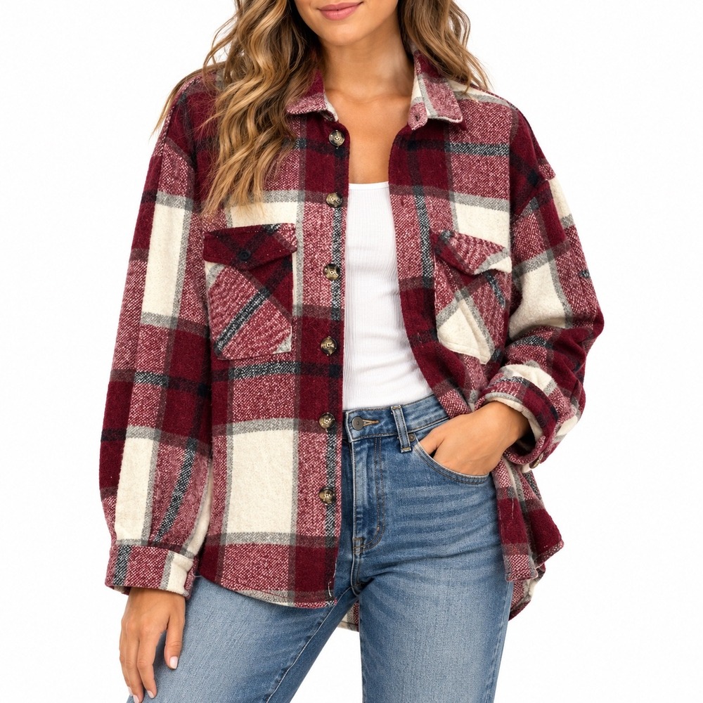 HYFVE Womens M Burgundy Cream Plaid Button Front Shacket Flannel Shirt Jacket